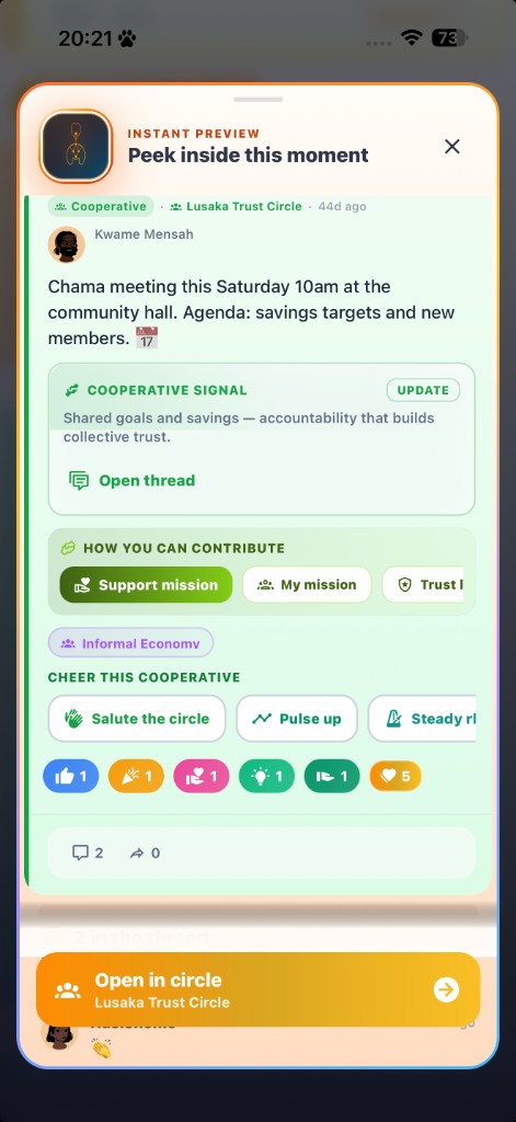 Cooperative circle — instant preview of a moment