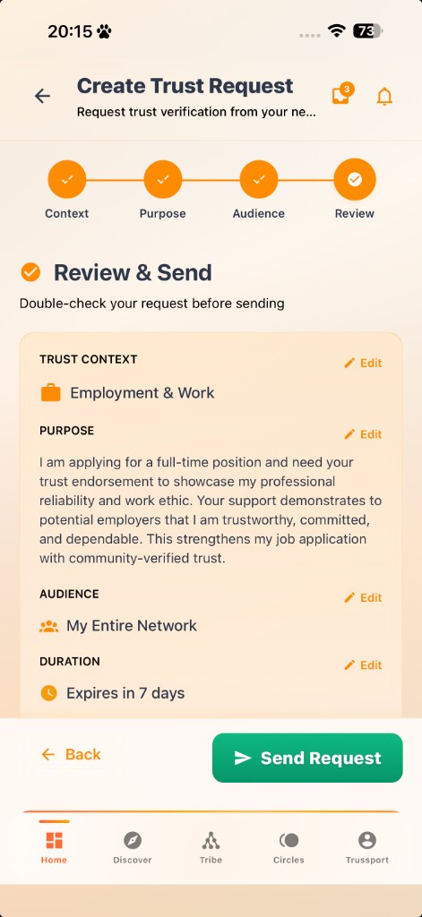 Create trust request — review and send